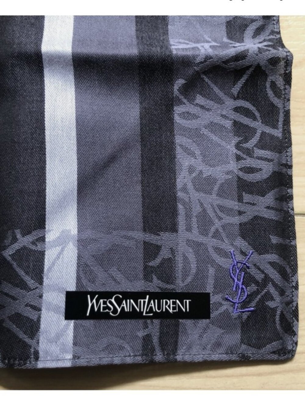 New Yves Saint Laurent Bandana Handkerchief Scarf YSL Stripe Logo All Over Black